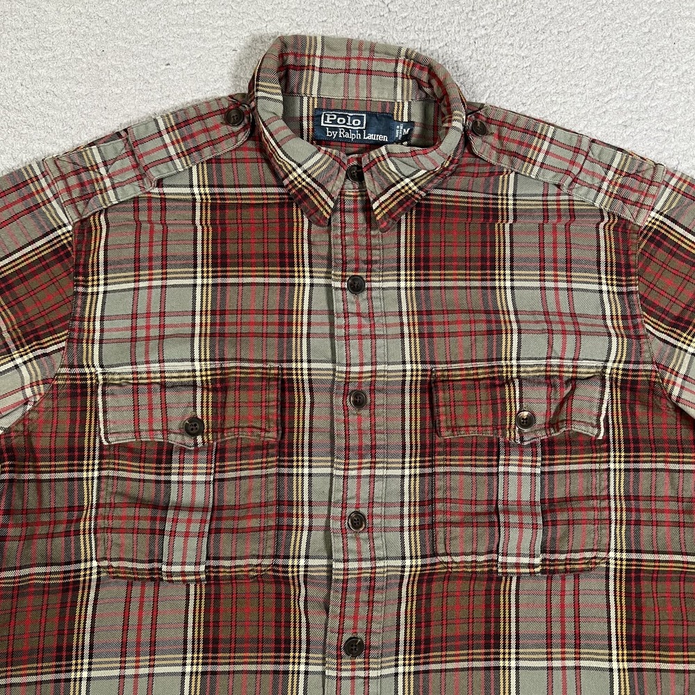 Polo Ralph Lauren Shirt Mens Medium Brown Plaid Shoulder Straps Double Pocket